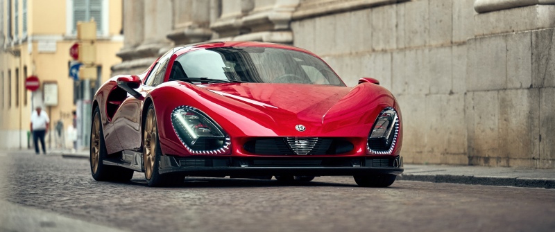 Alfa Romeo 33 Stradale, Supercar, Red cars, Cobblestone street, 5K