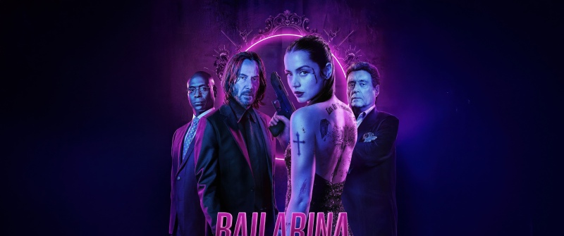 Ballerina, John Wick, Keanu Reeves, Ana de Armas, Movie poster, Action movies, Neon light, Neon purple, Tattoo, 5K, Dark background, Keanu Reeves as John Wick