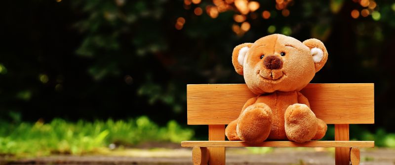 Teddy bear, Park bench, Soft toy, Wooden bench, Evening, Cute toy, 5K