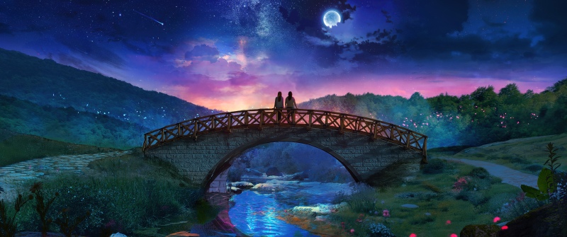 Couple, Fantasy landscape, Night sky, Milky Way, Bridge, River, Glowing elements