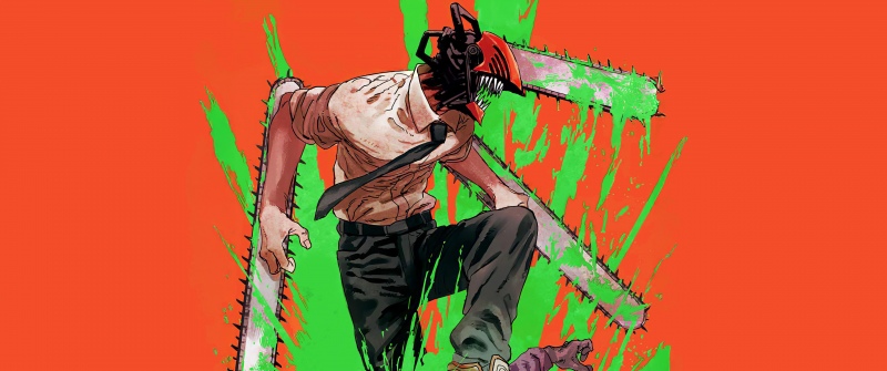 Denji, Badass, Chainsaw Man, Orange background, 5K
