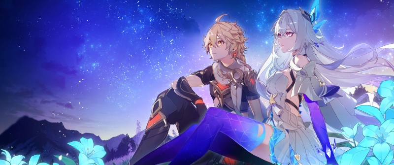 Aether, Skirk, Genshin Impact, Starry sky, Anime couple