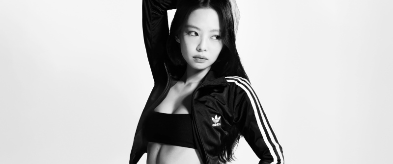 Jennie Kim, Adidas, 8K wallpaper, Black and White