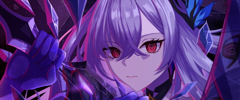Skirk, Genshin Impact, Anime warrior, Purple hair, Red eyes, Crystals, Dark background, Illustration