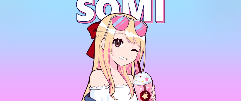 Jeon Somi, Anime girl, Winking, Sunglasses, Cute anime, Gradient background, Kawaii girl, Kawaii boba tea