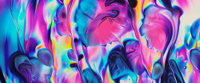 Fluid art, Neon colors, Swirls, Iridescence, 5K, Colorful abstract