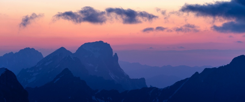 Sunset, Alps mountains, Landscape, Clouds, Purple and blue, Austria, 5K, Scenery, Mountain range