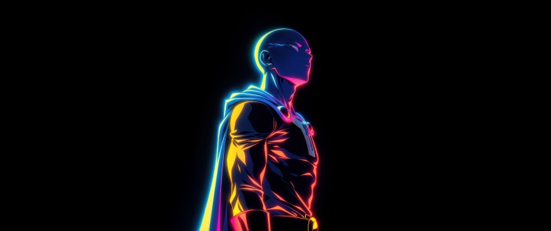 Saitama, Neon, One Punch Man, 5K, AMOLED, Black background