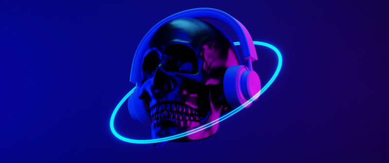 Dubstep, Skull, Headphones, Neon art, Synthwave, 5K, Dark blue