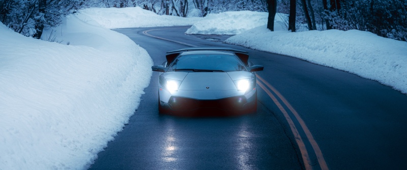 Lamborghini Murcielago, Winter Road, Snowy road, Sports cars, Headlights, Blue aesthetic, 5K