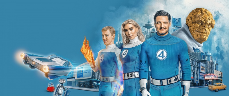 The Fantastic Four: First Steps, Blue aesthetic, Movie poster, Marvel Comics, 2025 Movies, Mister Fantastic, Invisible Woman, Human Torch