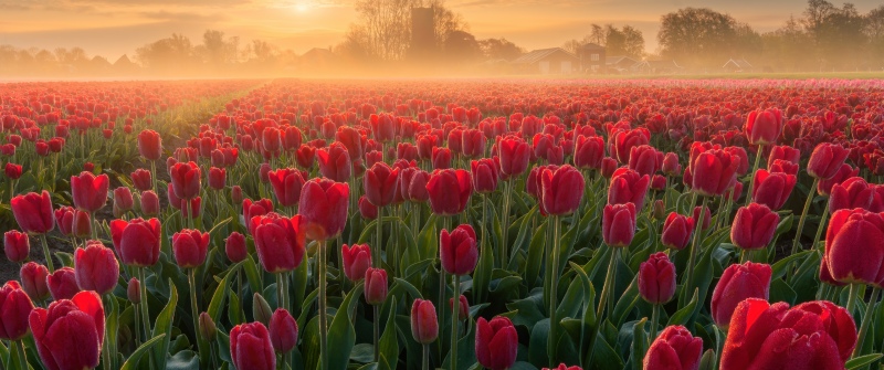 Tulip Field, Sunrise, Red Tulips, Tulip flowers, Spring flowers, Netherlands, Landscape