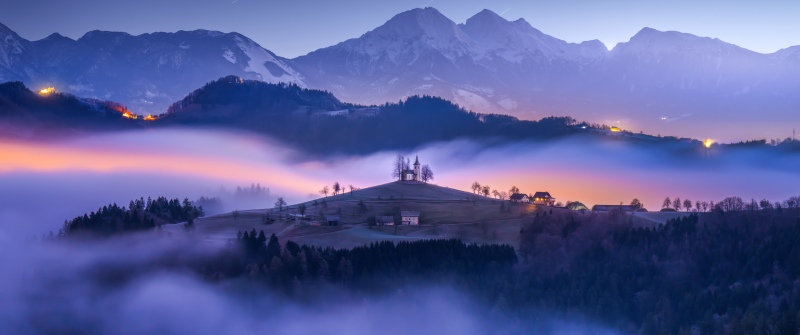 Slovenia, Hilltop, Foggy night, Landscape, Mountains, Church, Twilight, Star Trails, Mystical