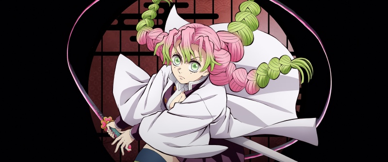 Mitsuri Kanroji - Infinity Castle, 5K, Anime movie, Demon Slayer: Kimetsu No Yaiba Infinity Castle, Black background, Mitsuri Kanroji