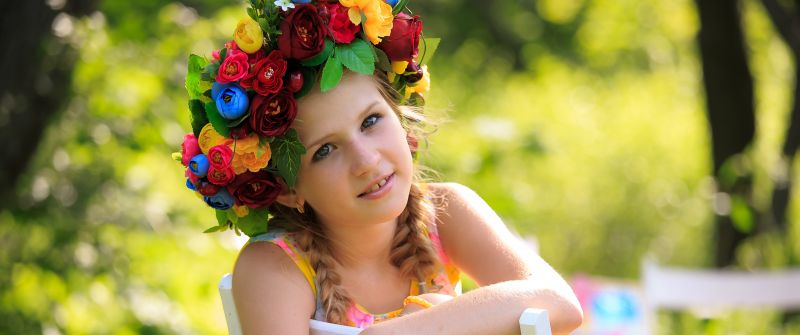 Smiling girl, Flower Wreath, Portrait, Green background, Cute Girl, Chair, Kid, Sunny day, 5K, Pretty