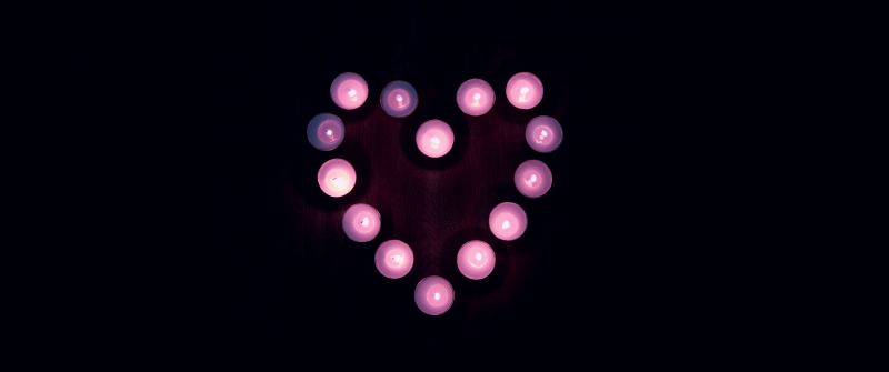 Love heart, Candle lights, Black background, Pink, Heart, Tea light, 5K