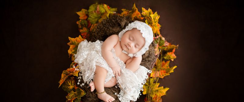 Newborn, White Dress, Fur, Autumn leaves, Brown, Dark background, Cute Baby, Basket, 5K, Brown aesthetic
