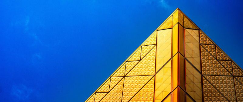 Pyramid Structure, Golden, Blue Sky, Modern architecture, 5K, 8K