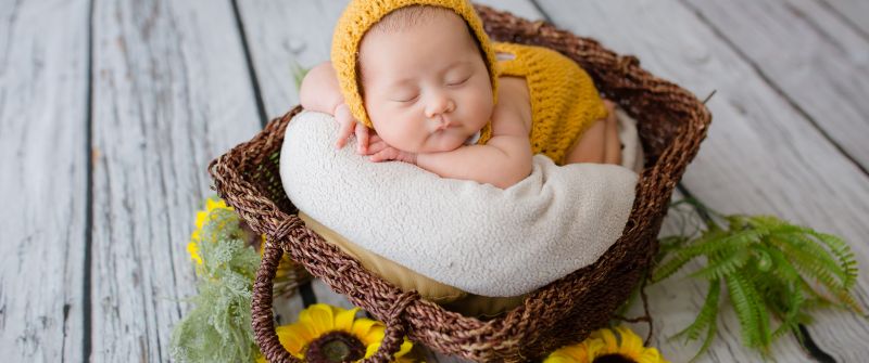 Newborn, Crochet baby costume, Yellow Dress, Sleeping baby, Basket, Sunflowers, Wooden Floor, Cute Baby, Green leaves, 5K