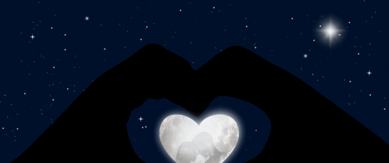 Heart, Stars, Blue background, Hands together, Couple, White heart, Moon, Silhouette