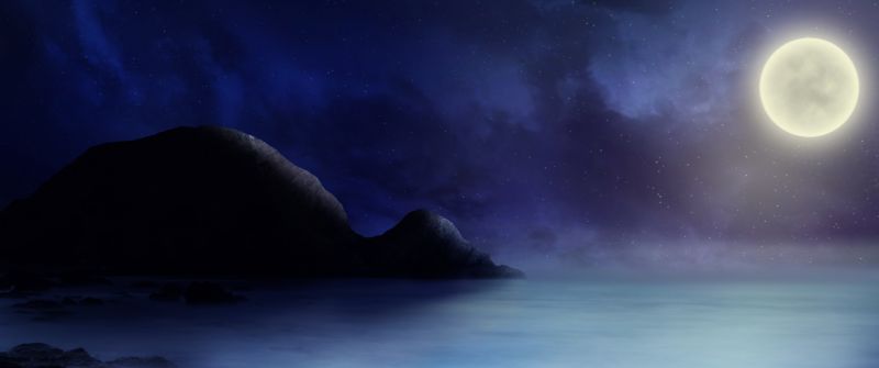 Full moon, Starry sky, Sea, Rocks, Night, Dark background, 5K