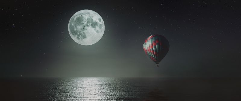 Hot air balloon, Night, Full moon, Dark background, Sea, Stars, 5K, 8K