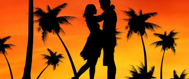 Couple, Palm trees, Orange sky, Sunset, Silhouette, Romance, Aesthetic, 5K