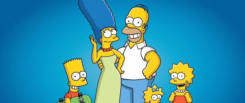 The Simpsons, Blue background, 5K, Homer Simpson, Marge Simpson, Bart Simpson, Lisa Simpson, Simpson family, Cartoon