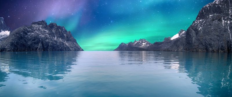 Northern Lights, Sea, Blue Sky, Stars, Reflection, Mountains, Glacier, Aurora Borealis, 5K, 8K