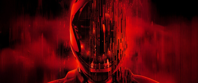 Tron: Ares, Glitch, Red, 5K, 8K, 2025 Movies, Dark background, Helmet, Fragments