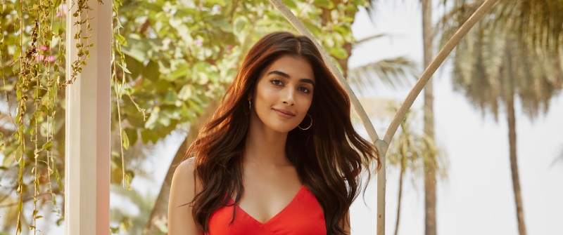 Pooja Hegde, Outdoor, Indian actress, Red dress, Fashion, 5K