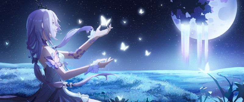 Honkai: Star Rail, Castorice, Anime girl, Glowing, Butterflies, Moon, Night sky