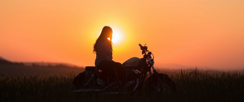 Sunset, Woman, Motorcycle, Silhouette, Golden hour, Orange, 5K