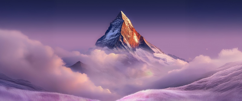 Mountain Peak, Landscape, Purple aesthetic, Sunset, Clouds, 5K