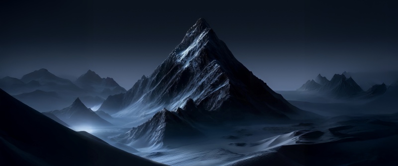 Mountain Landscape, Night, Snow, Dark blue, Ethereal, 5K, Stock