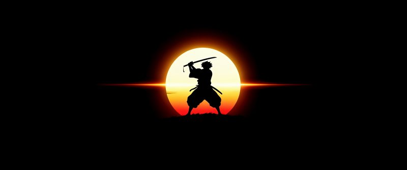 Samurai, Silhouette, Minimalist, AMOLED, Black background, 5K
