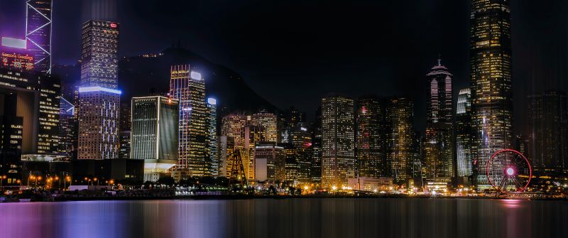 Hong Kong City, 5K, Cityscape, Skyscrapers, Nightlife, Ferris wheel, Lights, River, Reflection