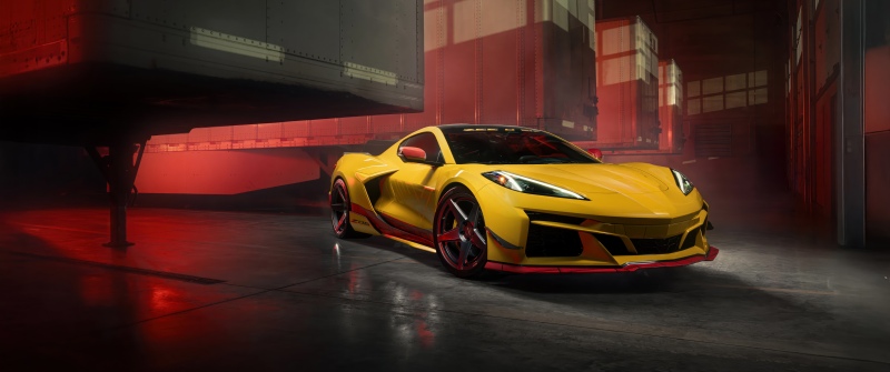 Chevrolet Corvette Z06, Warehouse, Yellow cars, Sports cars, Red lighting, 5K