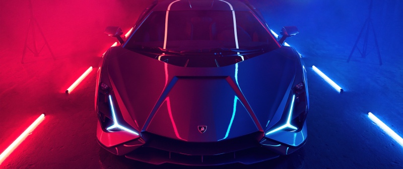 Lamborghini Sián Roadster, Neon, 5K, Supercars, Red and blue