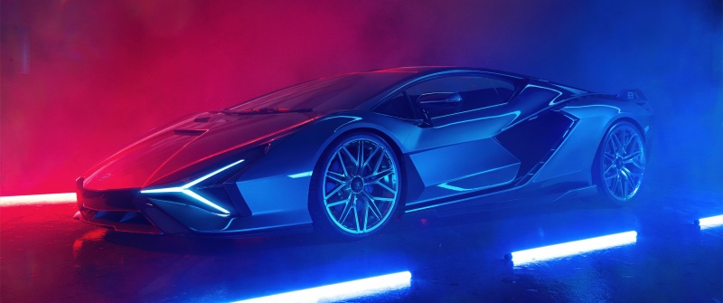 Lamborghini Sián FKP 37, Neon lighting, 5K, Supercars, Red and blue, Futuristic