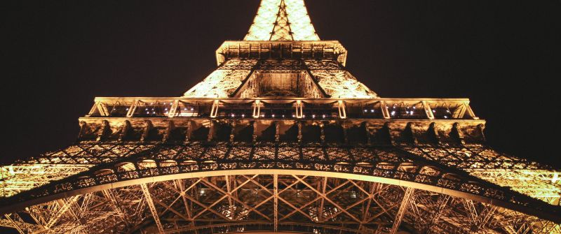 Eiffel Tower, Night view, Paris, Dark background, Night time, Lights, Low Angle Photography, Steel Structure, Iconic, 5K, France