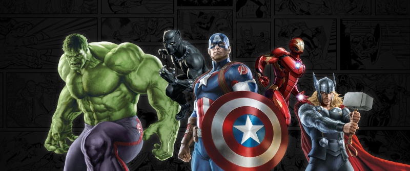 Marvel Superheroes, Poster, Hulk, Captain America, Iron Man, Thor, Black Panther, Dark background, Marvel Comics