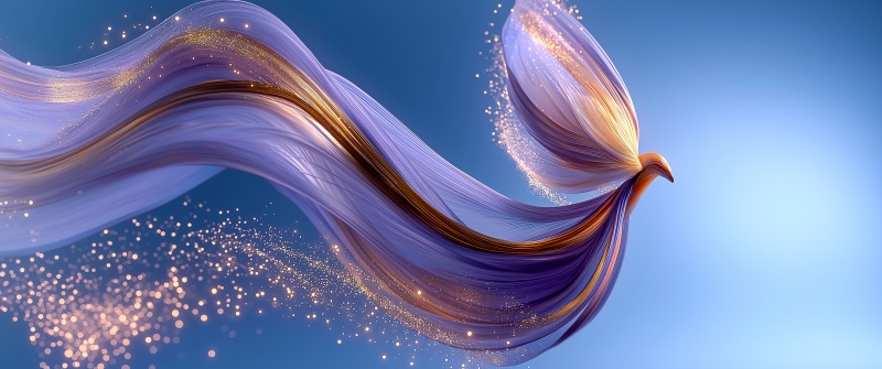 Abstract bird, Ribbons, Purple abstract, Blue background, Sparkles