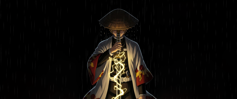 Zenitsu Agatsuma, AMOLED, Thunder Breathing, Black background, Demon Slayer: Kimetsu no Yaiba, 5K, Lightning