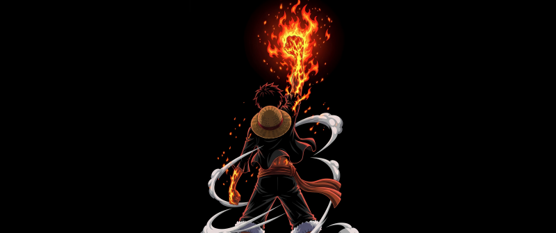 Monkey D. Luffy, Red Hawk, One Piece, AMOLED, Black background, 5K, Fire effect