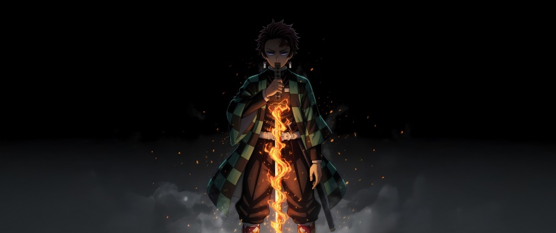 Tanjiro Kamado, Fire effect, Dark background, 5K, Hinokami Kagura, Demon Slayer: Kimetsu no Yaiba