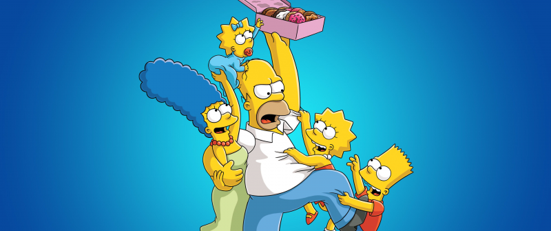 The Simpsons, Doughnuts, Blue background, Homer Simpson, Marge Simpson, Bart Simpson, Lisa Simpson, Maggie Simpson, Simpson family