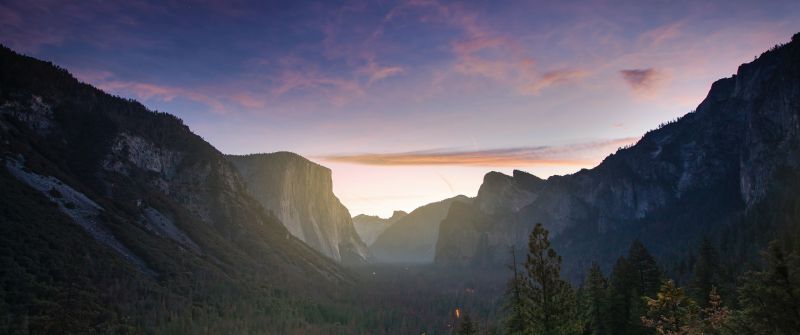 Yosemite Valley, Mountain range, Pine trees, Dawn, Clear sky, 5K