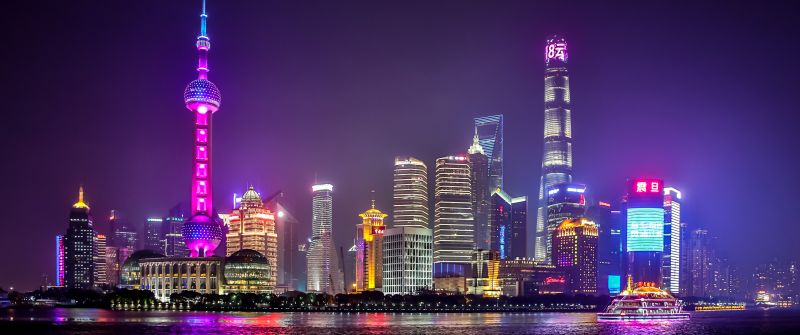 Shanghai City, Body of Water, Reflection, Skyscrapers, Night life, Cityscape, Lights, Modern architecture, 5K