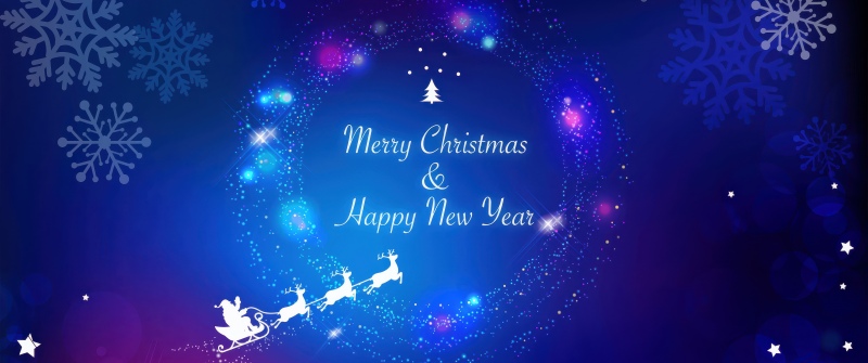 Merry Christmas, Sparkling, Happy New Year, Santa Claus chariot, Snowflakes, Blue background